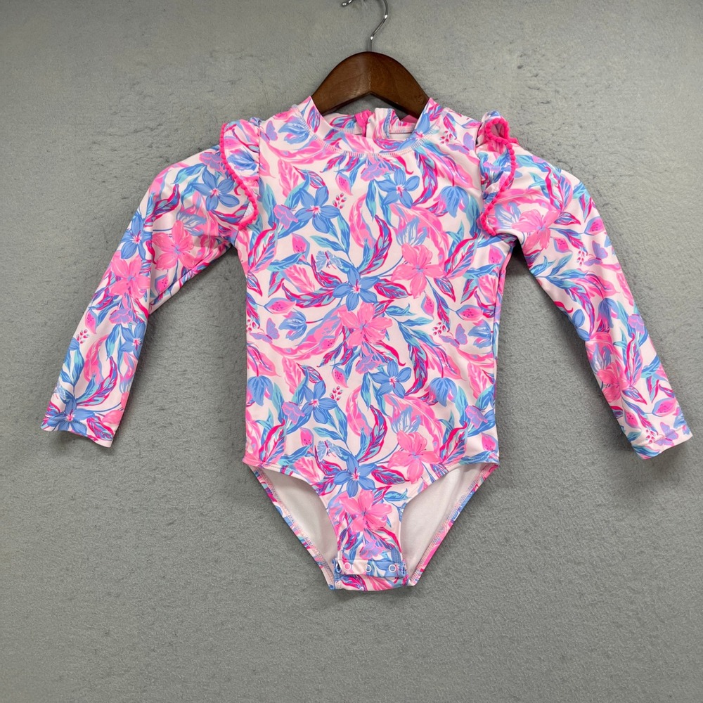 Tommy Bahama Rash Guard Swimsuit Girls 5T Pink Floral Ruffle Long Sleeve Beach